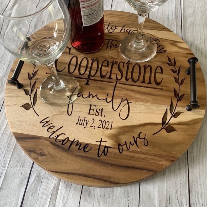give Engraved Wine Serving Trays as best personalized wedding gifts