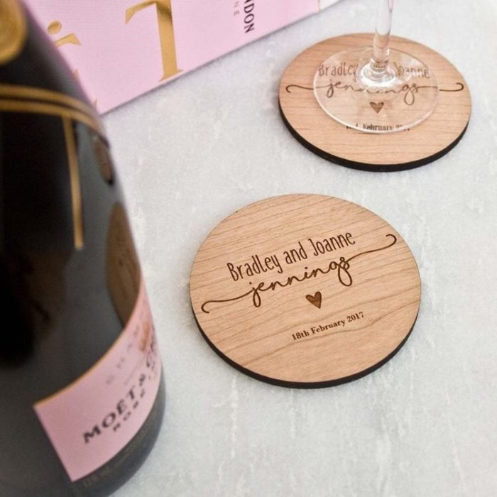 Engraved Coasters as unqiue personalized wedding gifts for happy couple. 