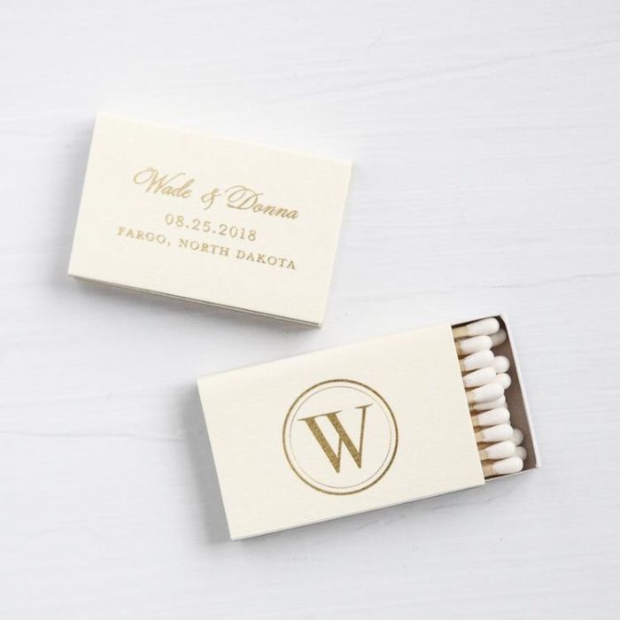 Give Match Box as personalized wedding gifts for guests.
