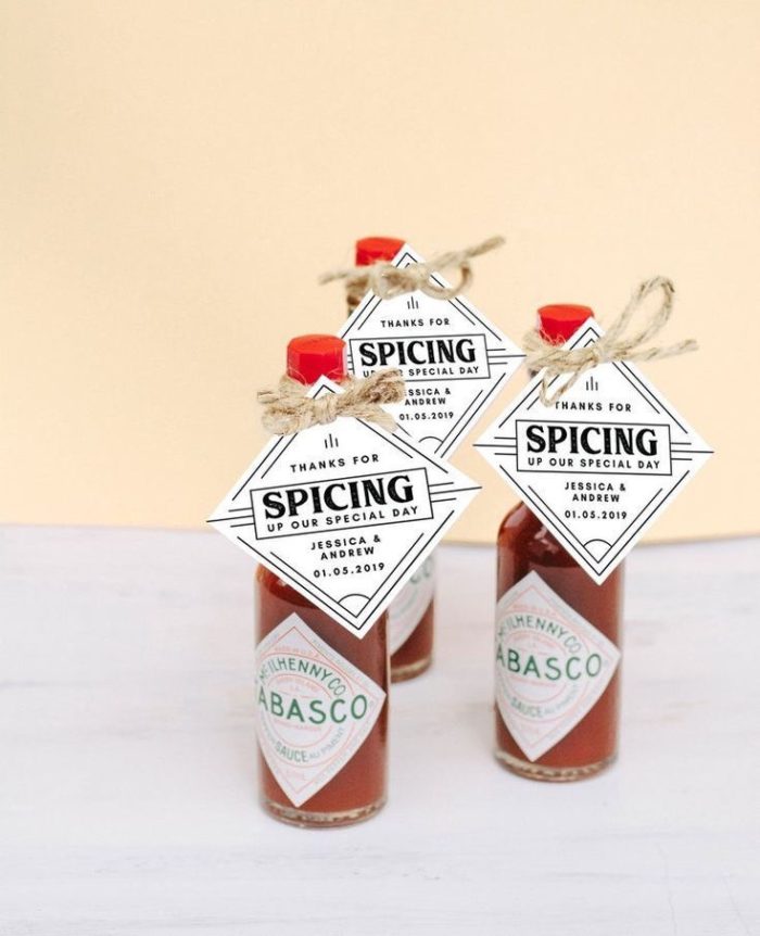 Give Sauce Bottles as custom wedding favor for guest.