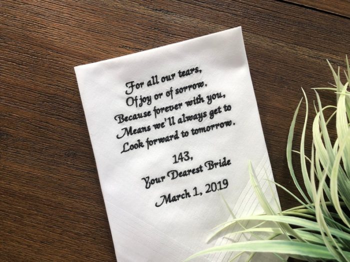 Give Handkerchief as personalized groom gifts from bride. 