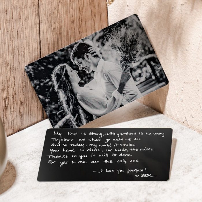 Give Engraved Wallet Cards as personalized groom gifts from bride.