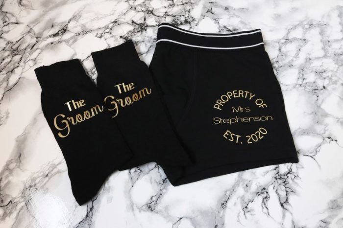 Give Groom Boxers and Socks as personalized groom gifts from bride.