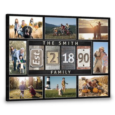 Personalized Collage Canvas gift with your unique text in the middle and 8 customized photos around.
