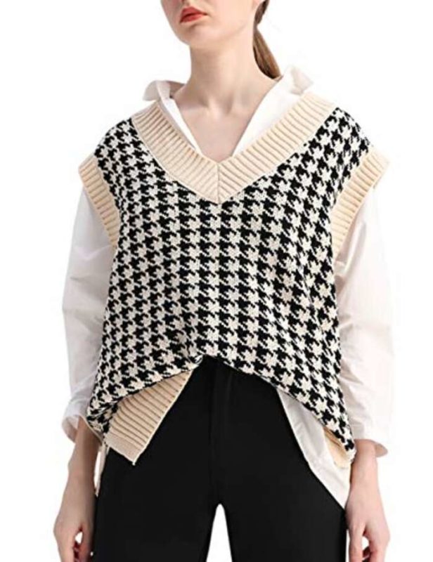 mother's day gifts for sister Safrisior Oversized Houndstooth Knitted Vest