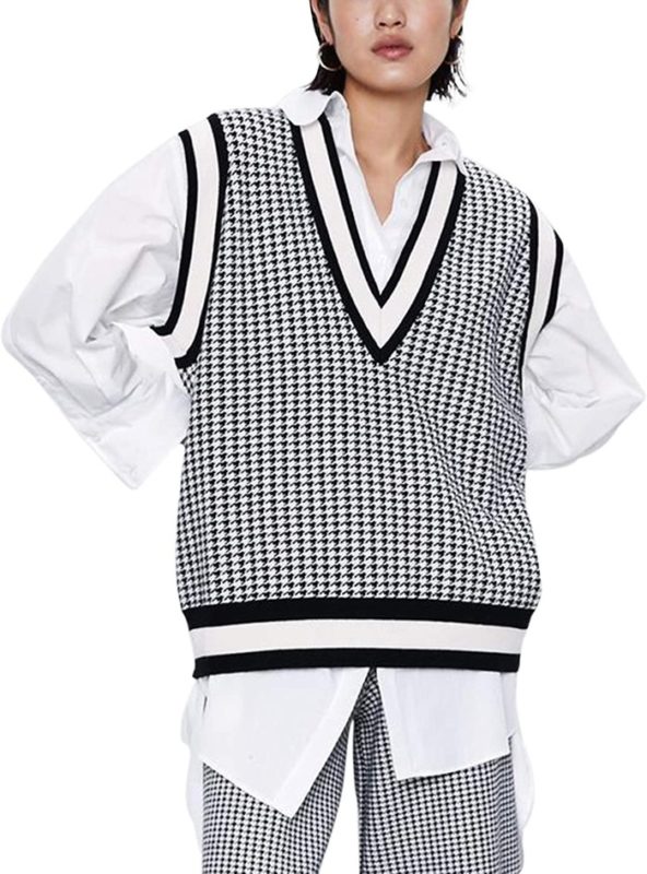 Mother'S Day Gifts For Sister Safrisior Oversized Houndstooth Knitted Vest