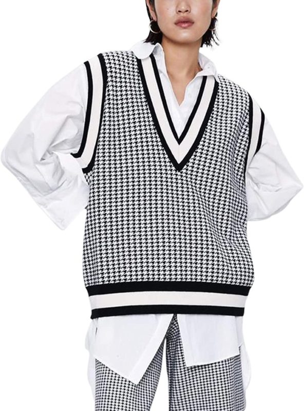 mother's day gifts for sister Safrisior Oversized Houndstooth Knitted Vest