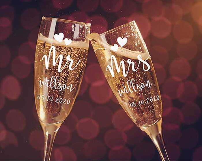 Mr. And Mrs. Champagne Flutes - Wedding Gift Ideas For Bride And Groom. 