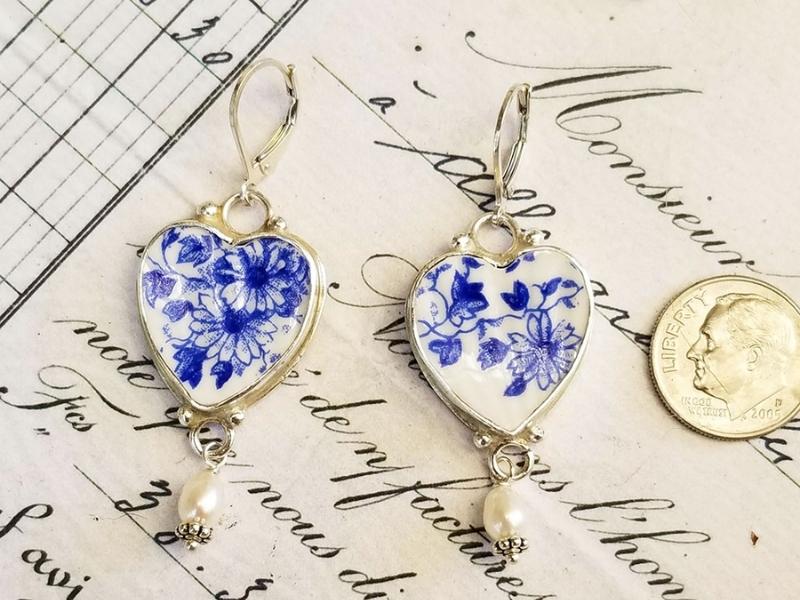 White Broken China Jewelry Heart Earrings for 20th anniversary gift ideas for a couple