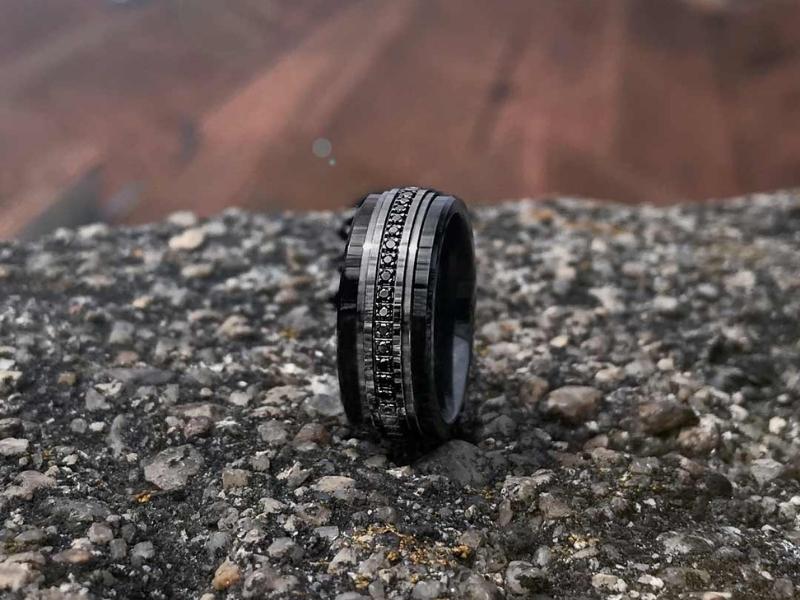 Black Titanium With Black Diamond Men Ring For The 11Th Anniversary Gift For Husband