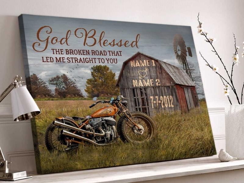 God Blessed The Broken Road Barn and Vintage Motorcycle Wall Art for 6 month anniversary gifts for him