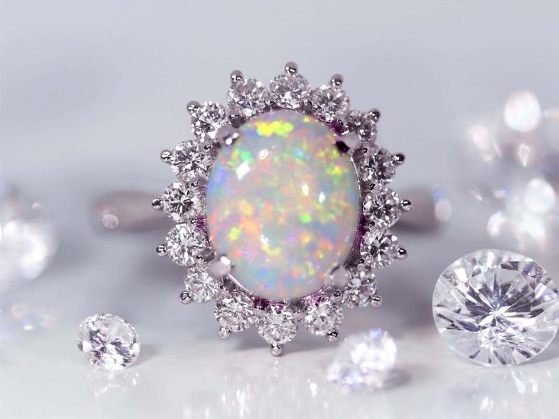 Crystal Opal and Diamond Ring for the traditional 15 year anniversary gift for her