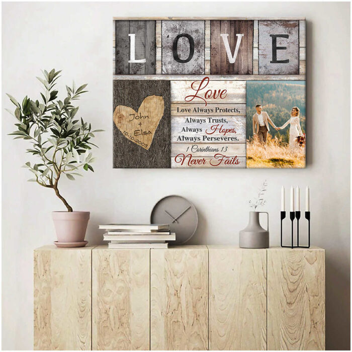 Never Fails 1 Corinthians 13 Canvas Print - wedding gift to son.