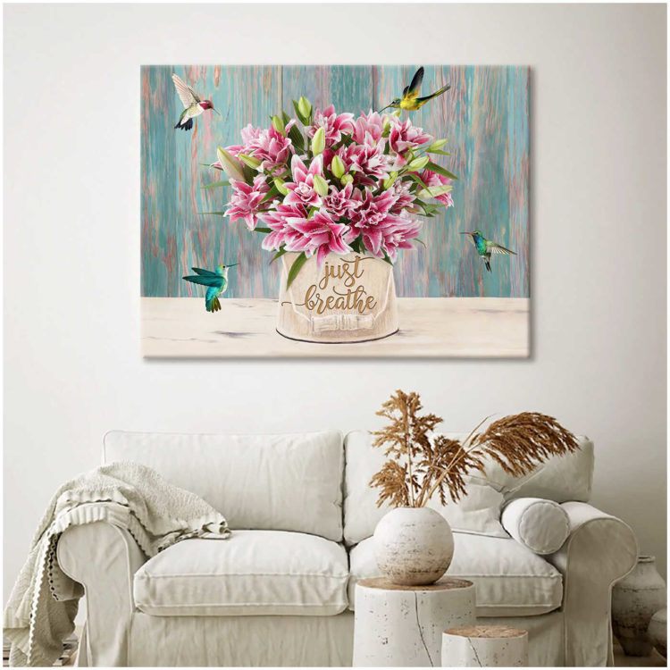 international women's day gift - Lily stargazer and Hummingbirds Just Breathe Canvas