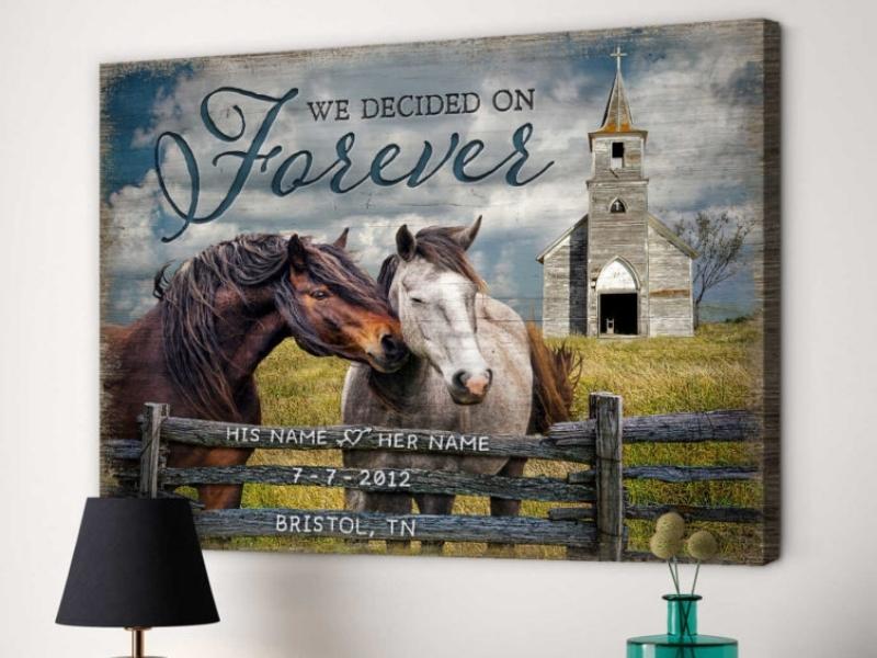 Beautiful Loving Horses and Old Church Wall Art Decor Oh Canvas for the 18th anniversary gift 