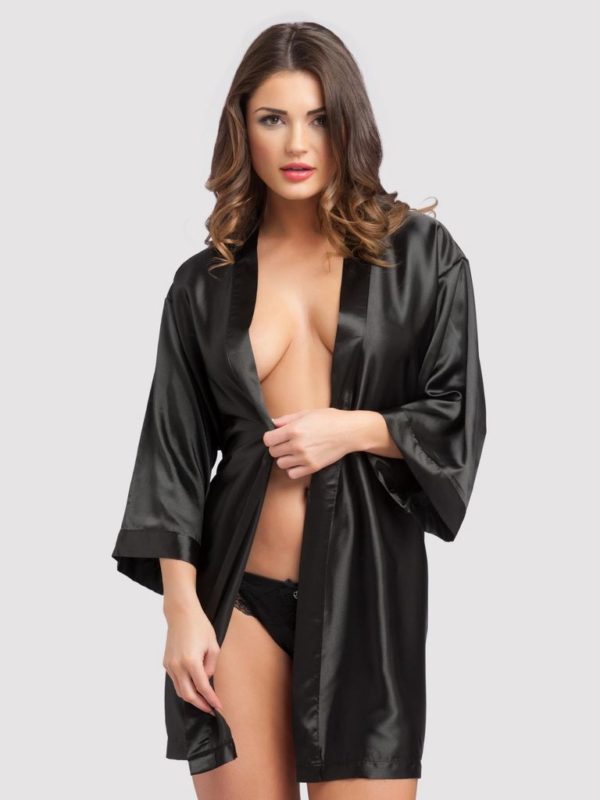 Sexy Gift For Wife - Lingerie Short Black Satin Robe