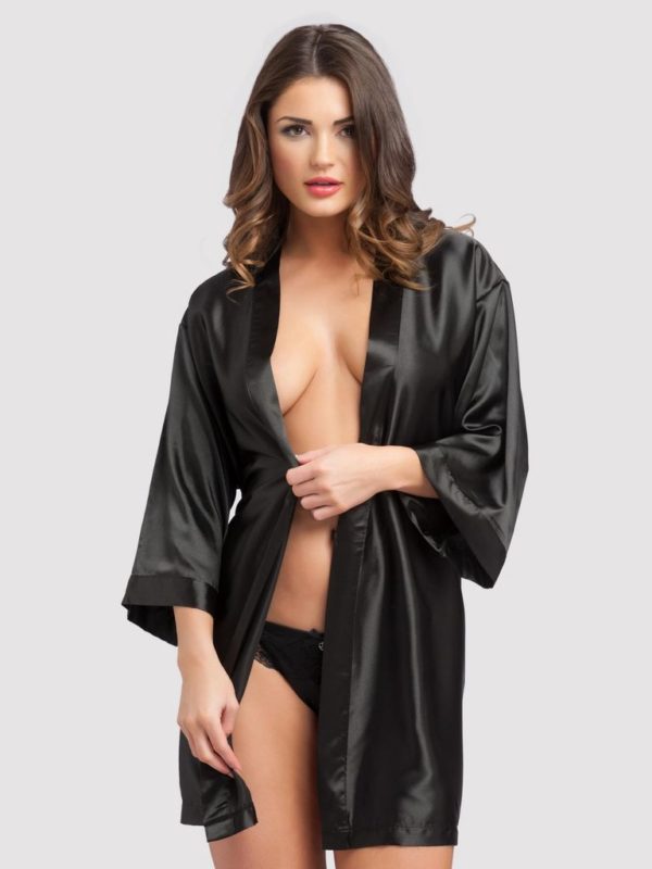 Sexy gift for wife - Lingerie Short Black Satin Robe