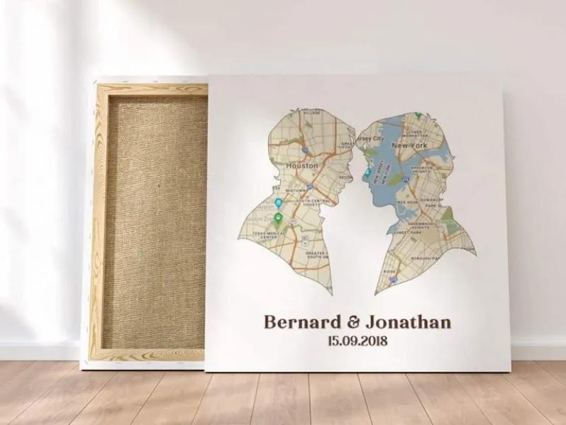 Couple Silhouette Map Canvas Print for personalized wedding gifts for gay couples