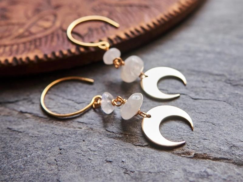 Brass &Amp; Moonstone Crescent Moon Earrings For The 21St Anniversary Gift For Her