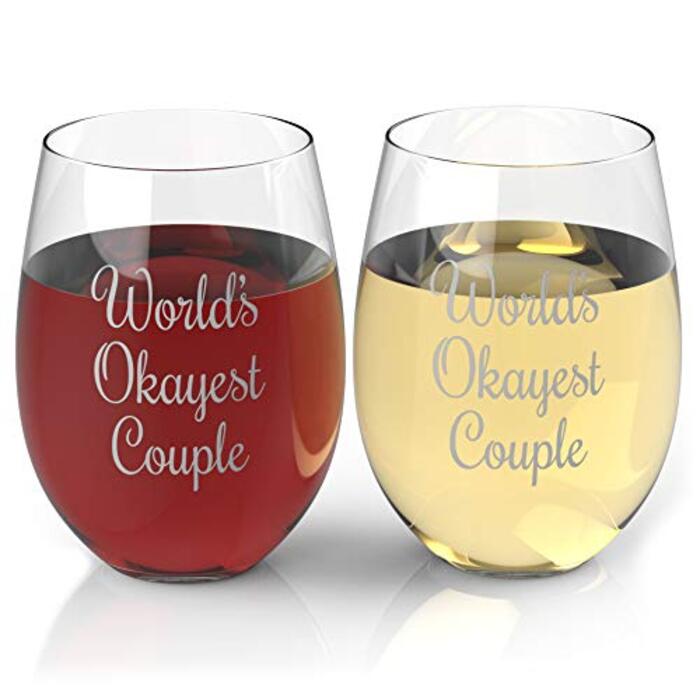 World’s Okayest Couple Wine Glasses - Funny Wedding Gifts For Groom.