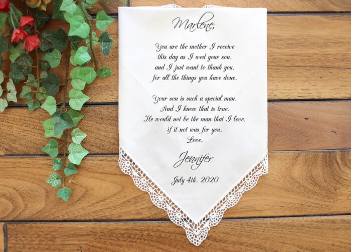 Heartfelt handkerchief - wedding gift for mother of groom. 