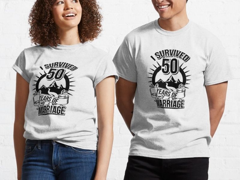 “I Survived 50 Years of Marriage” T-Shirts for funny 50th wedding anniversary gifts