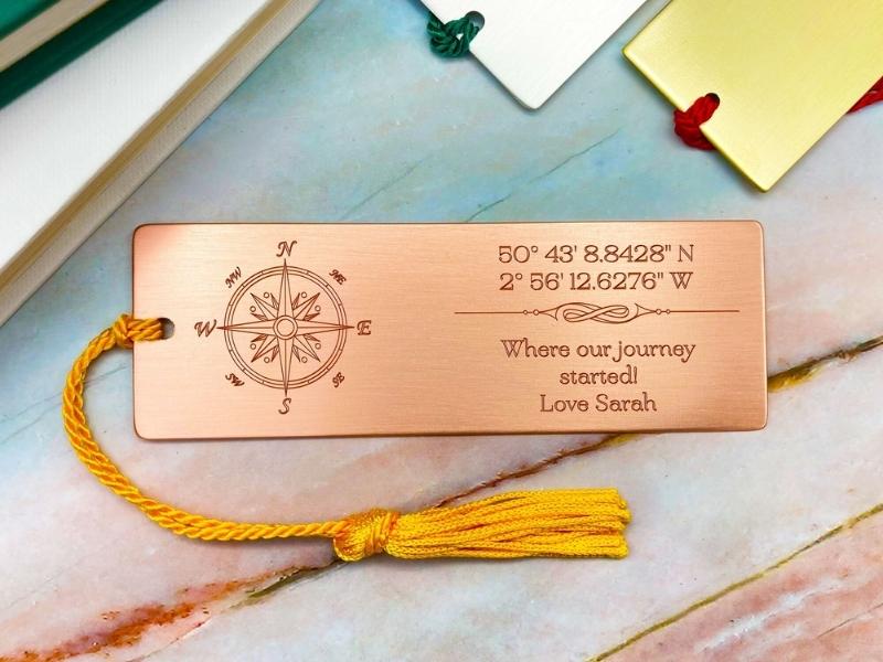 Handmade Engraved Copper Bookmark with Coordinates for the 22nd anniversary