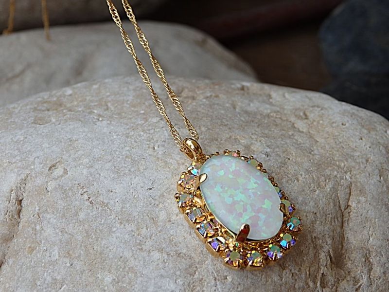 Gold White Opal Necklace for the 24th wedding anniversary gift for wife