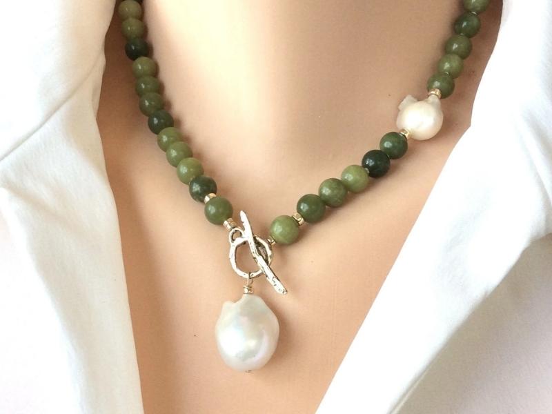 Jade Bead &Amp; Pearly Long Necklace For 26Th Anniversary Gifts