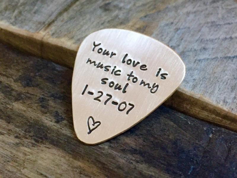 Engraved Bronze Guitar Pick for the 19th anniversary wedding gift