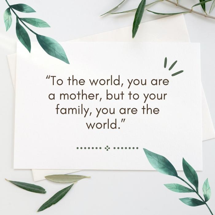 inspirational mother's day quotes - “To the world, you are a mother, but to your family, you are the world.” 