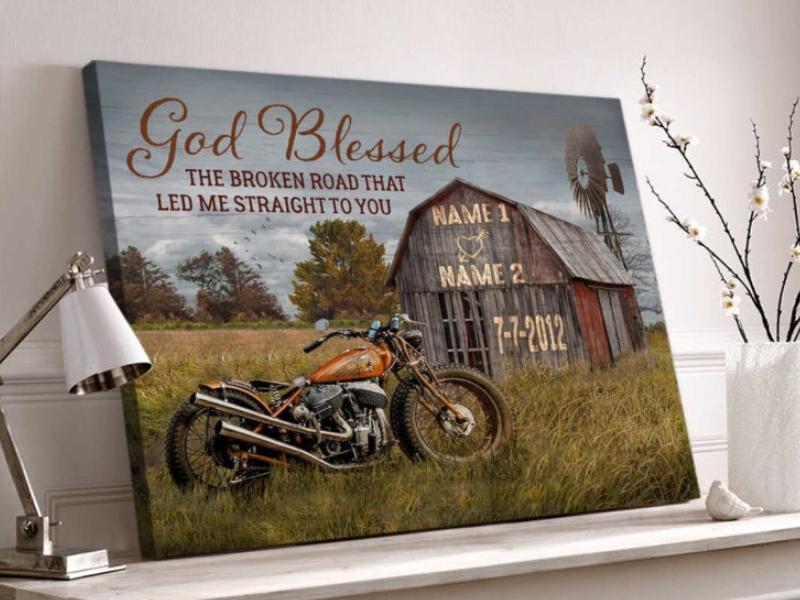 Road Barn and Vintage Motorcycle Wall Art Oh Canvas