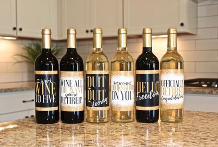 Handmade wine bottle labels gift for retirement