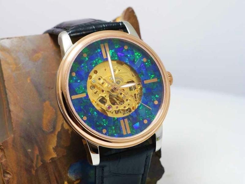 Black Leather Strap Watches Opal Gemstone Background