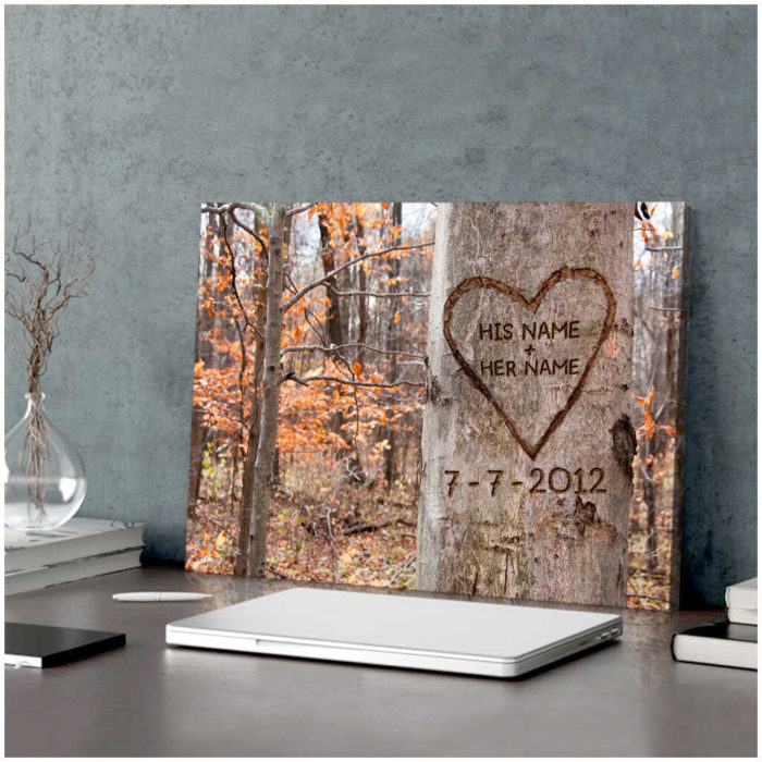 Carved name on tree canvas print: lovely present for long distance girlfriend