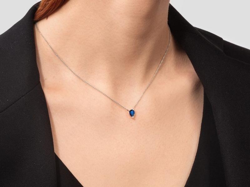 Blue Sapphire Teardrop Pendant With Diamond For 38Th Anniversary Gift Ideas