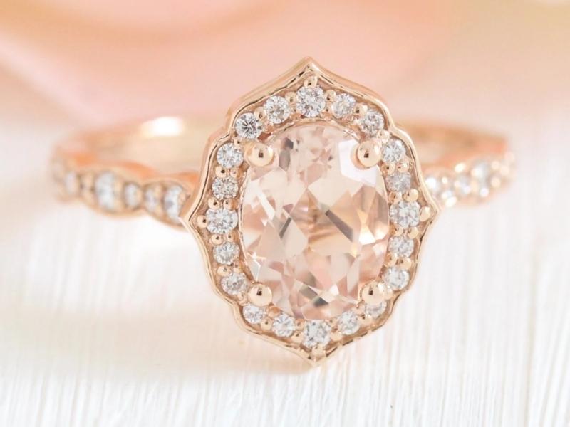 Rose Gold Morganite Scalloped Halo Ring For The 38Th Anniversary Gift