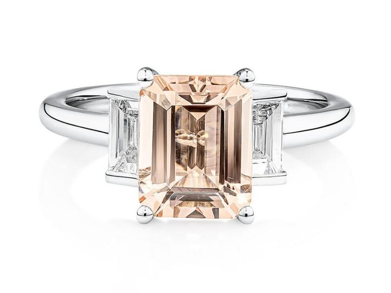 Emerald-Cut Morganite And Baguette Ring For 38Th Anniversary Gift Ideas