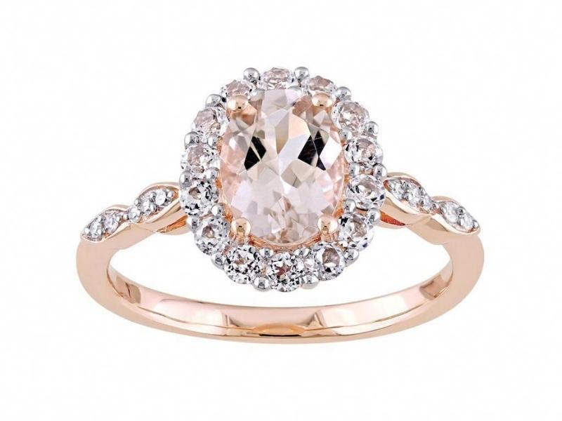 14K Rose Gold Morganite And White Topaz And Diamond Halo Ring