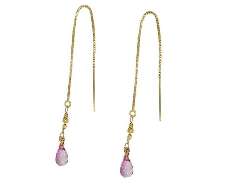 Pink Topaz And Gold Nugget Pull Through Earrings