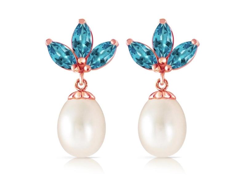 Pearl &Amp; Blue Topaz Petal Drop Earrings For 41St Anniversary Gift Ideas