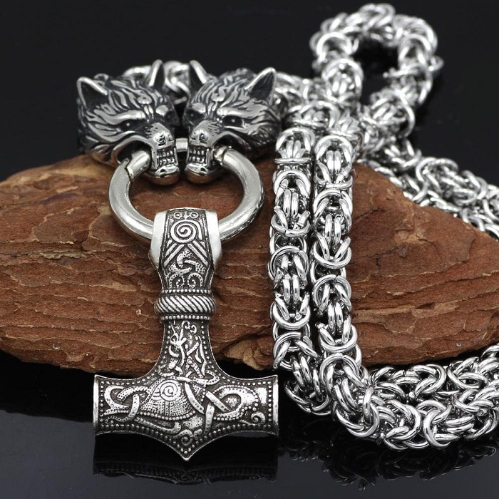 Viking Gifts For Him - Thor'S Hammer Necklace With Wolf Head