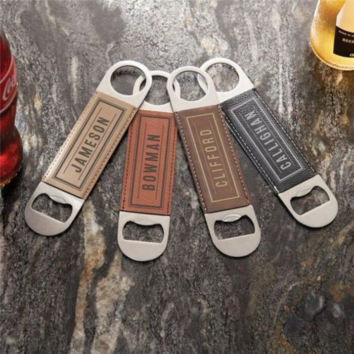 Engraved leather bottle opener - men's retirement gifts