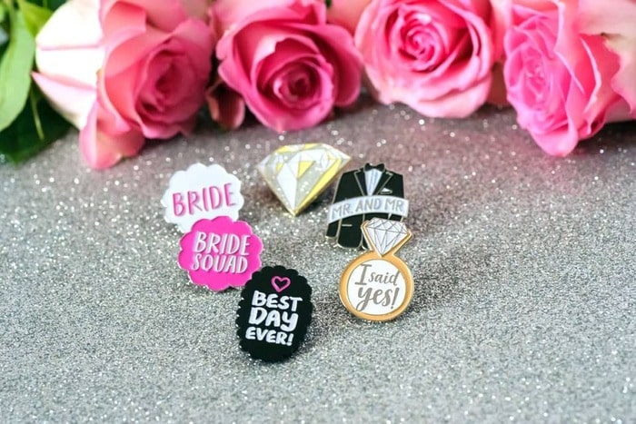 Personalized enamel pins: lovely custom bachelorette party favors