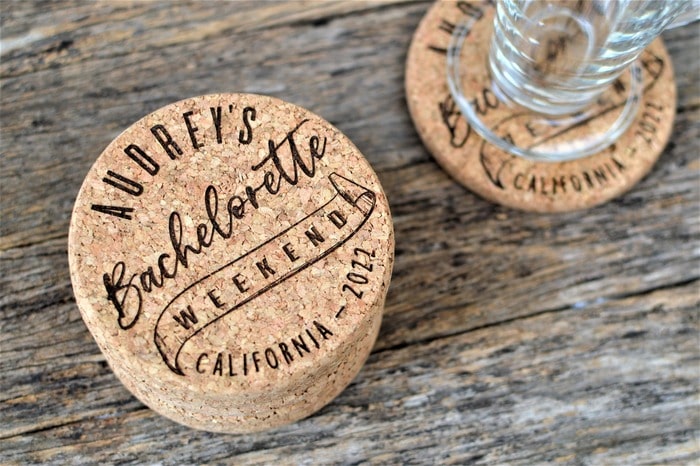 Recycled personalized coasters for the best bachelorette favors