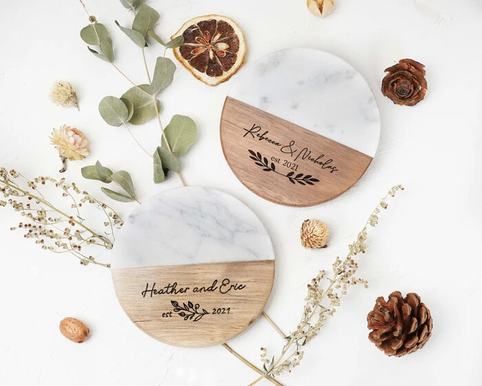 Engraved Marble Wood Coasters - engagement gift for groom