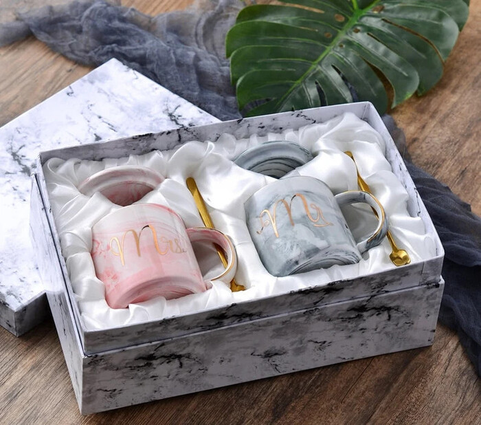 Set of Ceramic Marble Coffee Mugs - engagement gift for groom