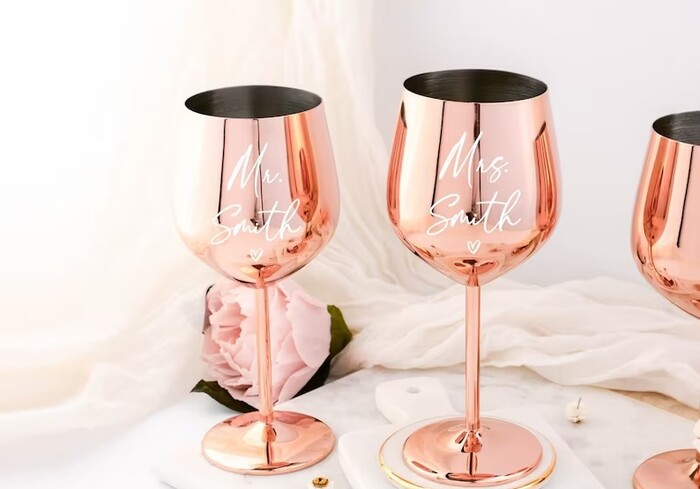 Rose Gold Wine Glasses - engagement gift for groom from bride.