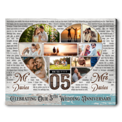 5th wedding anniversary gift for husband custom heart shaped photo collage canvas print 01