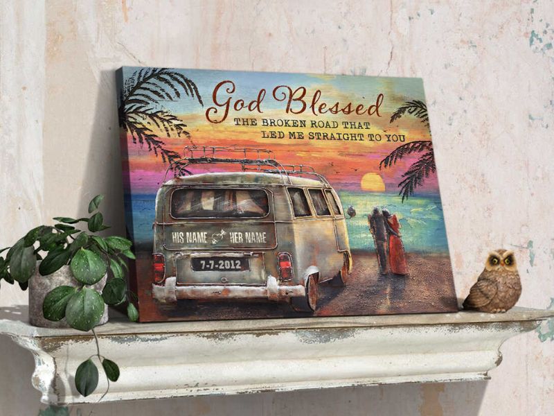 Blessed The Broken Road Camper Van And Couple Sun Gazing Canvas